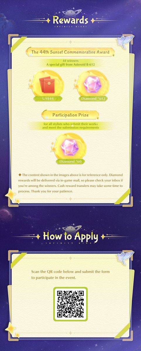 InfinityNikkiEN's tweet photo. Infinity Nikki: My Planet With Nikki Fan Creation Event Starts Today!

If you had a planet of your own, what would its landscapes look like?
Who would live there, and what rules would they follow?
What kind of photo would you send back from it?

The Infinity Nikki Version 2.10 "My Planet With Nikki" creator event is now open! We invite stylists to visit the limited-time collaboration map for The Little Prince, bring your own planet to life through in-game photography, and tell its story. Share your creation with the designated event hashtags and submit the survey for a chance to win rewards!

Participate in the event on X/Facebook/Instagram/YouTube/TikTok/Steam to win Diamonds and cash prizes!

Event Duration
Submission Period: September 24, 2026 – October 29, 2026 (UTC-7)
Review Period: October 30, 2026 – November 7, 2026 (UTC-7)
Announcement Period: November 8, 2026 – November 15, 2026 (UTC-7)

How to Participate:
Post your work on X, Facebook, YouTube, TikTok, Instagram, or Steam with the hashtags #MyPlanetWithNikki, #InfinityNikki, and #TheFeatherofJustice and fill out the form below.
*Please ensure that your submission account and posts are public until the end of the announcement period.

Form Link: https://t.co/myJZd9TOGC
Check the image below for more details.

——
➤ Infinity Nikki Version 2.10 The Feather of Justice is now live worldwide!
➤ Download Now: https://t.co/soaPebyO8B
➤ Join us on Facebook Group: https://t.co/rabLOeWvkE
#InfinityNikki
#TheFeatherofJustice