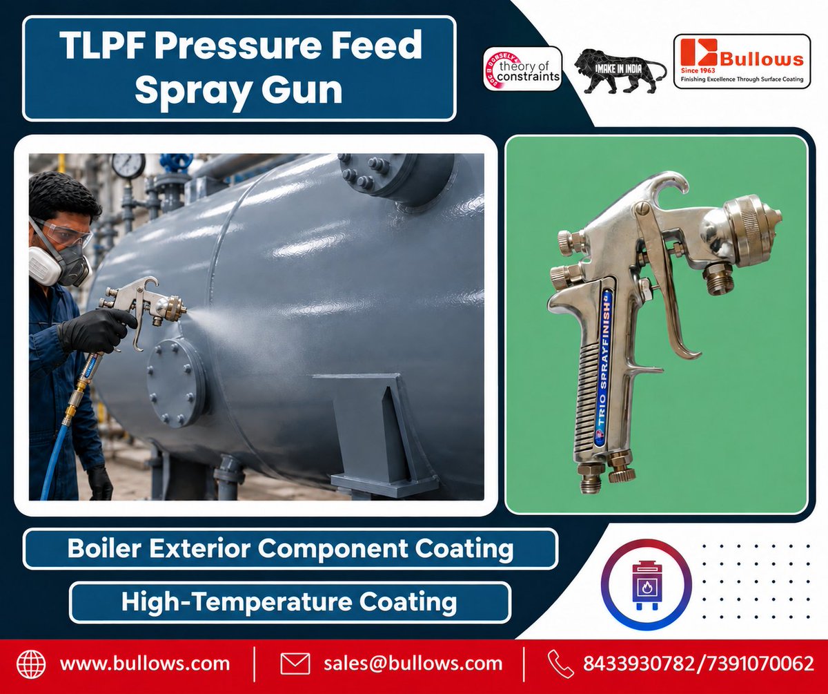 paintingsystem's tweet photo. 🏭 Boiler Component Coating
Bullows TLPF Pressure Feed Spray Gun is designed for efficient pressure-feed spraying of large industrial components.
#BoilerCoating #BoilerComponent #HighTemperatureCoating #IndustrialCoating #SurfaceFinishing #PaintEquipment #MadeInIndia https://t.co/bAIUmWGSTd