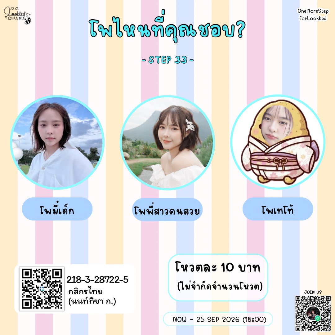 Lookked_Pama's tweet photo. — One More Step for 6OOKKED —
#OneMoreStepforLookked
#LookkedCGM48
── 𝗦𝗧𝗘𝗣 𝟯𝟯 ──
โพไหนที่คุณชอบ? 👀🩵
🐻 โพมี๋เด็ก
🌷 โพพี่สาวคนสวย
🥔 โพเทโทโท้
🗳️ โหวตละ 10 บาท (ไม่จำกัดจำนวนโหวต)
🗓️ NOW - 25 SEP 2026 (18:00)
🏦โดเนทได้ที่ :
Kbank (นนท์ทิชา)
218-3-28722-5
สามารถส่งสลิปได้ทาง DM หรือ Line Opc : Lookked’s PaMa🐻🩵