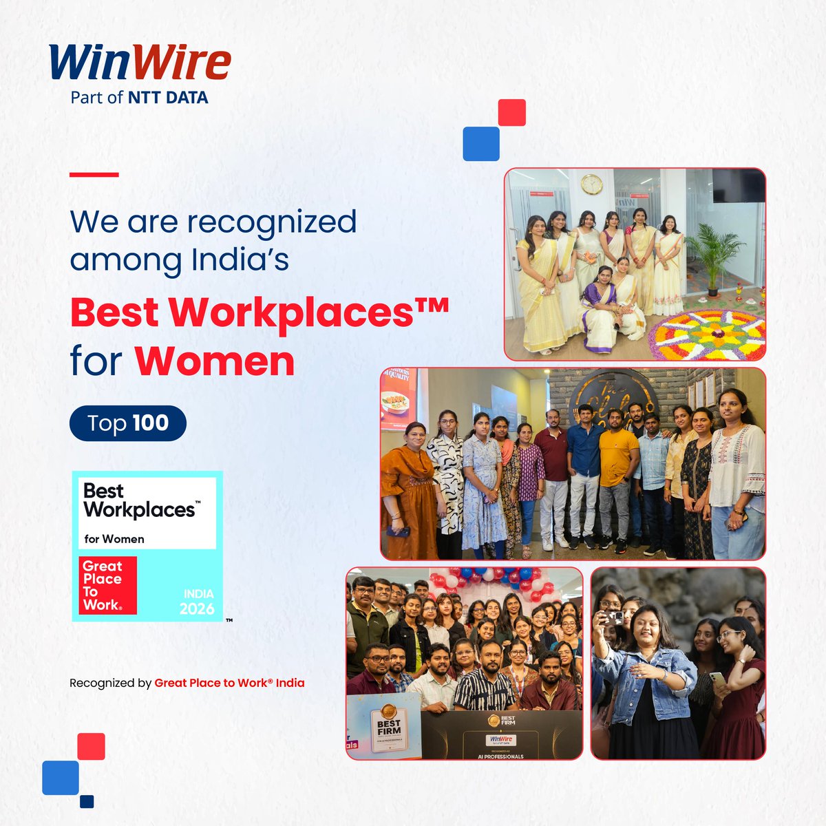 WinWire's tweet photo. Proud to share that @WinWire (Part of NTT DATA) is among India’s Top 100 Best Workplaces™ for Women 2026, Mid-size Category, certified by Great Place to Work® India. 

A culture where women grow, lead &amp; thrive. 

#WomenInTech #NTTDATA https://t.co/RpxceVWgA6