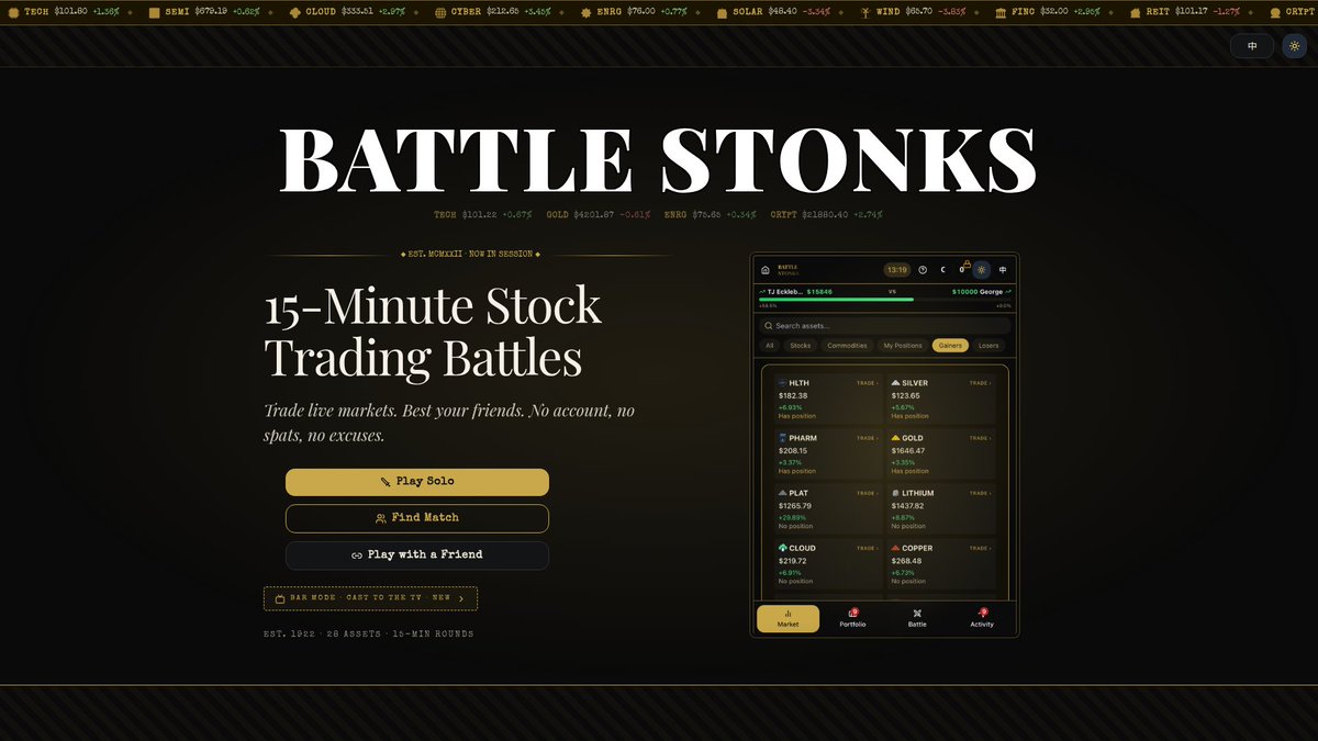 glove0102's tweet photo. The exchange is open, old sport! Trade against the ledger solo or take on a friend in online multiplayer. 15 min / 1 HR battles await you, old sport. 

https://t.co/WNkgJOGOne https://t.co/GbFNkDKT77