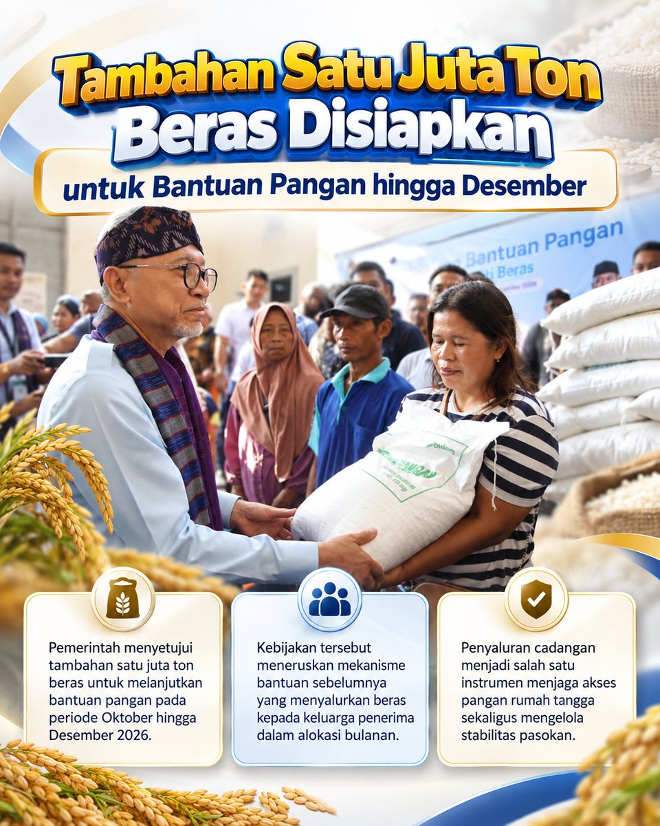biancapatriciaw's tweet photo. Bantuan pangan beras dipastikan berlanjut sampai akhir tahun. Pemerintah menyiapkan tambahan satu juta ton beras untuk penyaluran Oktober–Desember 2026, melanjutkan bantuan 10 kg per bulan pada periode sebelumnya.
#BantuanPangan #Beras #jagaindonesia #KetahananPangan #Pangan https://t.co/I7NePxB7dd
