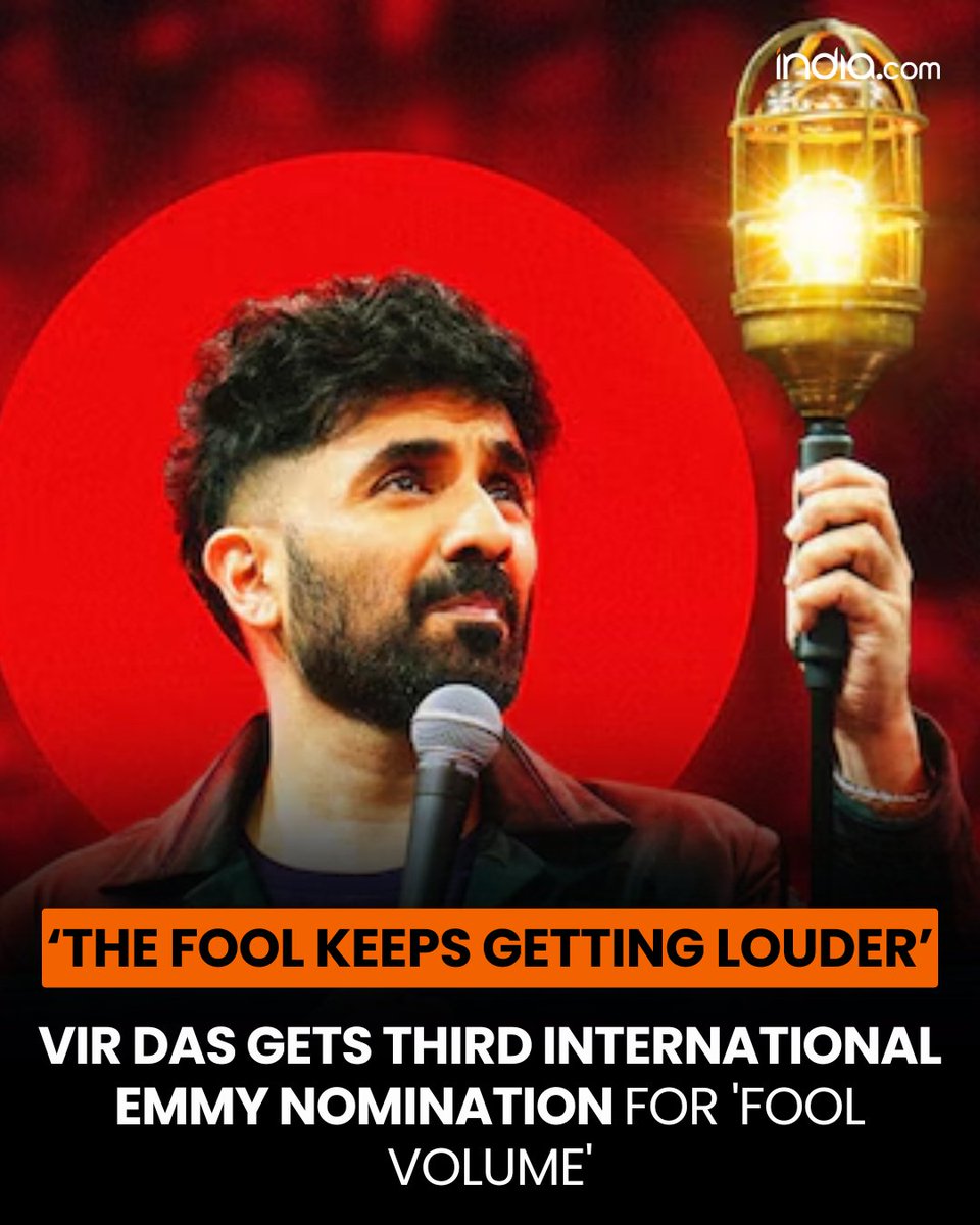 indiacom's tweet photo. Vir Das has secured his third International Emmy nomination for his comedy special ‘Fool Volume’. Celebrating the recognition, the comedian shared a witty message, saying, “The fool keeps getting louder.”

Read Here: https://t.co/PDteCUeTBm

#VirDas #emmynominated #ComedySpecial #icomeng