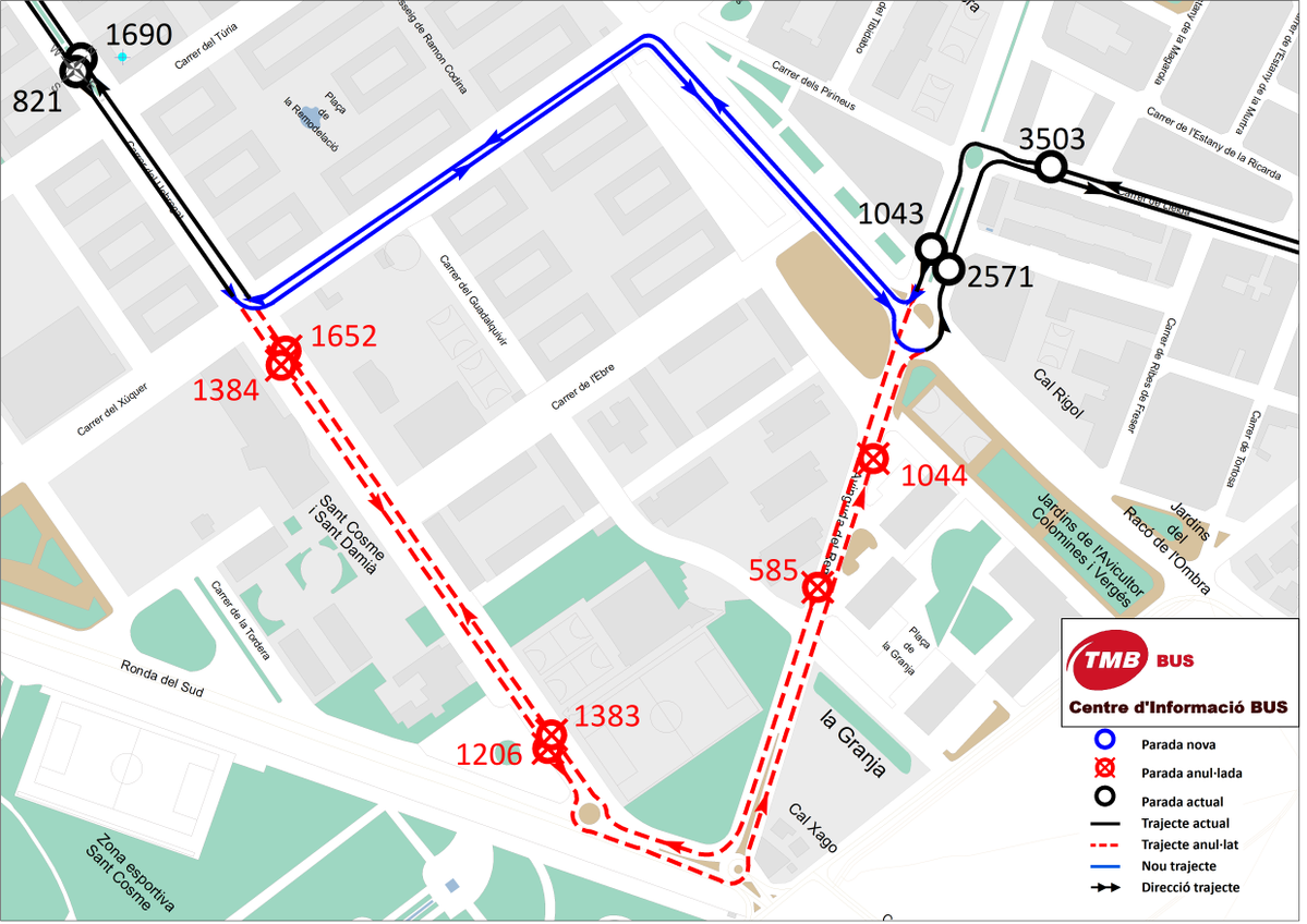 TMBinfo's tweet photo. ⚠🚌 Línia 65 #busbcn: a partir d'avui, i fins al 29/09, canvia temporalment el seu itinerari.
❌🚏Parades anul·lades: 585 - La Granja, 1044 - La Granja, 1206 - CEM Julio Méndez, 1383 - Parc Nou, 1384 - Metro Parc Nou i 1652 - Metro Parc Nou. https://t.co/xKVlHj2LzX
