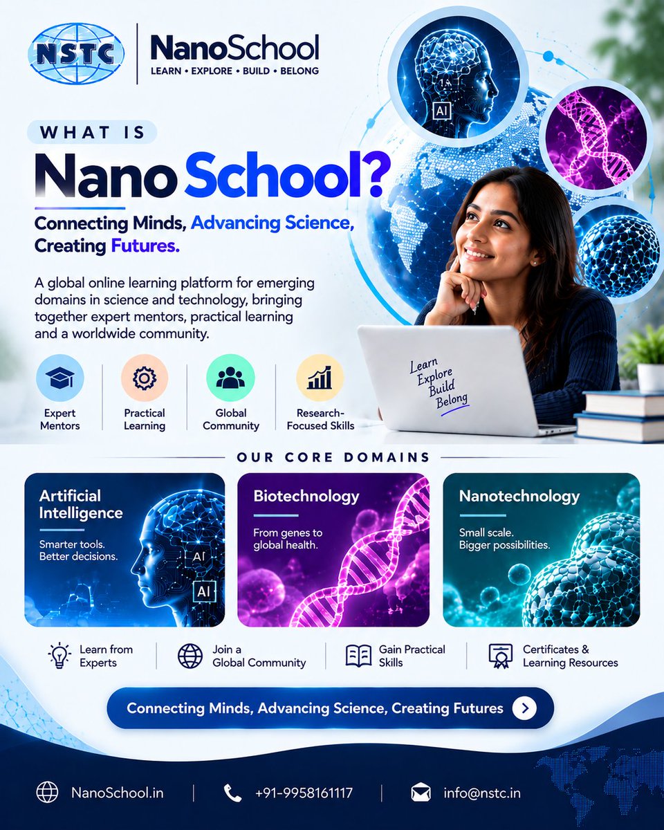 NSTC_2005's tweet photo. Connecting Minds, Advancing Science, Creating Futures.

NanoSchool brings together AI, Biotechnology &amp; Nanotechnology through expert-led learning, practical research experiences, and future-ready skills.

Explore the science shaping tomorrow. 

🌐 https://t.co/W8IqaCBJQo https://t.co/O5RoonrnnK