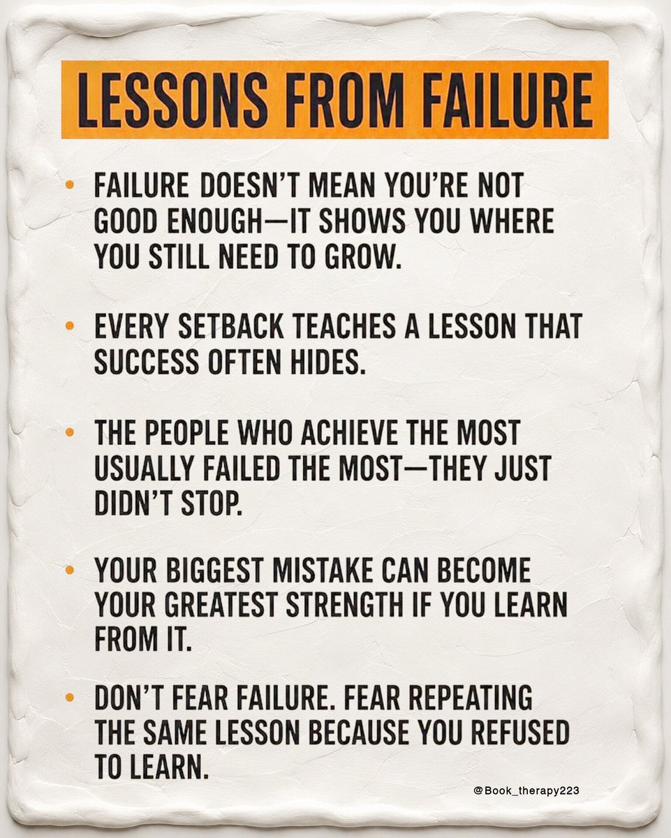 BetterYouSkills's tweet photo. 📌 LESSONS FROM FAILURE

🔸️ Failure gives you feedback → Look for what didn't work instead of hiding from it.
🔸️ Own your mistakes → Responsibility gives you power to change.
🔸️ Don't repeat the same lesson → Identify the pattern and adjust your approach.
🔸️ Separate failure from identity → A setback is an event, not who you are.
🔸️ Ask better questions → “What can I learn?” is more useful than “Why me?”
🔸️ Stay adaptable → Sometimes the lesson is knowing when to change direction.
🔸️ Keep perspective → One setback doesn't erase everything you've achieved.
🔸️ Try again smarter → Apply what you learned to your next attempt.

Failure isn't the opposite of progress. Sometimes, it's the information progress needs. 💪

📩 Free Guide: Master the 12 soft skills that drive success—and start applying them today. 🚀

👉 Get your free copy:
https://t.co/vfTpyzxnxz

#GrowthMindset #Resilience #PersonalGrowth