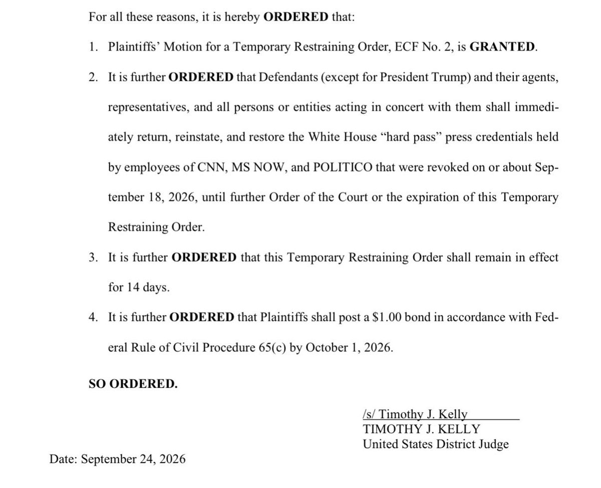 chrisgeidner's tweet photo. BREAKING: Judge Timothy Kelly grants CNN, MS NOW, and Politico’s TRO against the Trump administration, ordering that the reporters affected “immediately” have their White House hard passes reinstated. The TRO is in effect for 14 days. https://t.co/TxB1roq5R0 https://t.co/C5VpRPTpYb