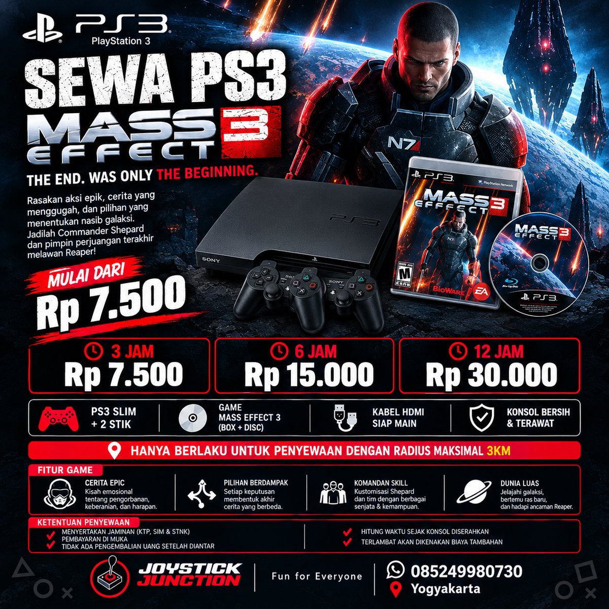 JJyogya's tweet photo. 🌌🚀 BUMI TERANCAM. GALAKSI MEMBUTUHKANMU!

Bergabunglah dengan Commander Shepard dalam Mass Effect 3 di PS3 🎮🔥

🔥 Siap menyelamatkan galaksi? Sewa PS3 sekarang di Joystick Junction!

JOYSTICK JUNCTION — Fun for Everyone
📱 WA: 085249980730

#sewaps #joystickjunction #jogja https://t.co/DE6YW2HrrS