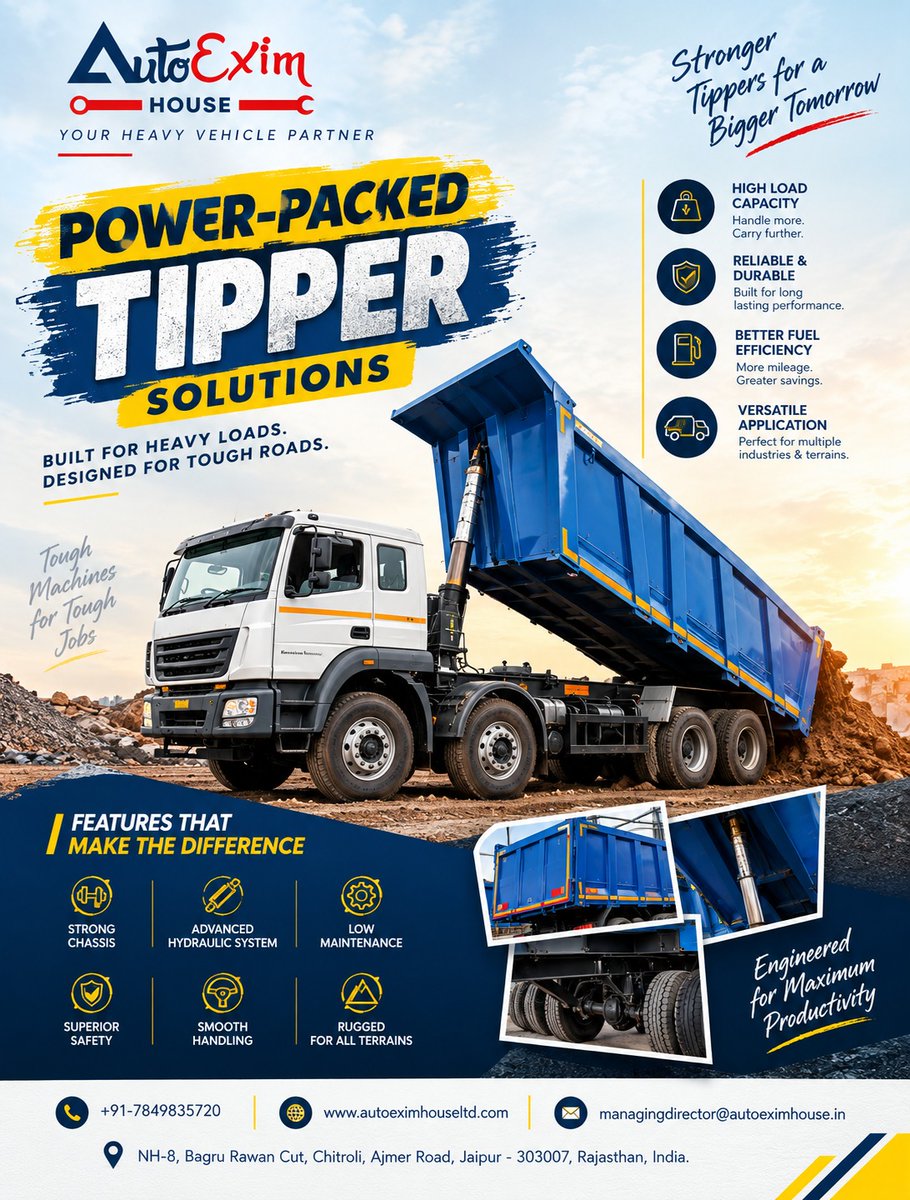 autoexim78498's tweet photo. Power-packed Tipper Solutions by Auto Exim House, engineered for demanding applications where strength, reliability, and productivity matter.
#AutoEximHouse #TipperTruck #TipperSolutions #HeavyVehicles #HeavyDutyTrucks #DumpTruck #CommercialVehicles #ConstructionEquipment https://t.co/omI04h1Nk4