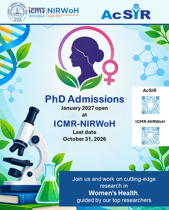 icmrnirwoh's tweet photo. 📣 PhD Admissions Open for January 2027 at ICMR-NIRWoH!
Join us to conduct cutting-edge research on women’s health guided by our top scientists. 🧬✨
⏳ Last date: October 31, 2026
📲 Scan the QR code to apply via AcSiR!
#PhdAdmissions #Research #WomensHealth #ScienceJobs #AcSiR https://t.co/RXGK9JHdft