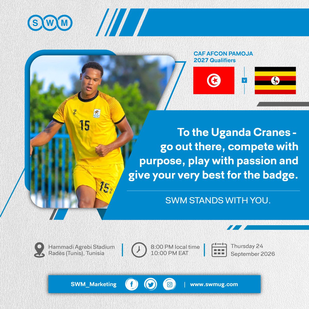 SWM_Marketing's tweet photo. Toby Sibbick
Born in England to Ugandan roots, Toby Sibbick proudly represents the Uganda. 
The @burtonalbionfc defender is adding versatility to the squad.
As Uganda faces Tunisia today in the #AFCON27 qualifiers, Sibbick could be one to watch.
#UgandaCranes #SWMMartketing https://t.co/nwoc6jX11u