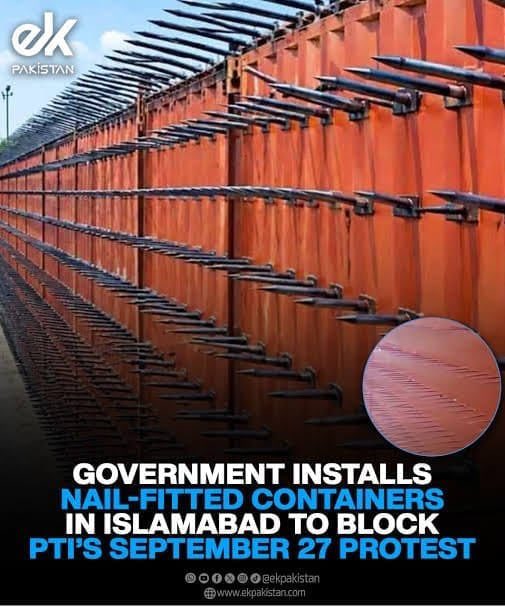 D__I_313's tweet photo. The Pakistani regime’s military has adopted Pharaonic tactics to prevent the PTI protest, blocking roads with containers fitted with spikes.

The Qur’an also describes one of Pharaoh’s attributes as being “the owner of the stakes.”

وَفِرْعَوْنَ ذِي الْأَوْتَادِ https://t.co/zANUTdUTCu