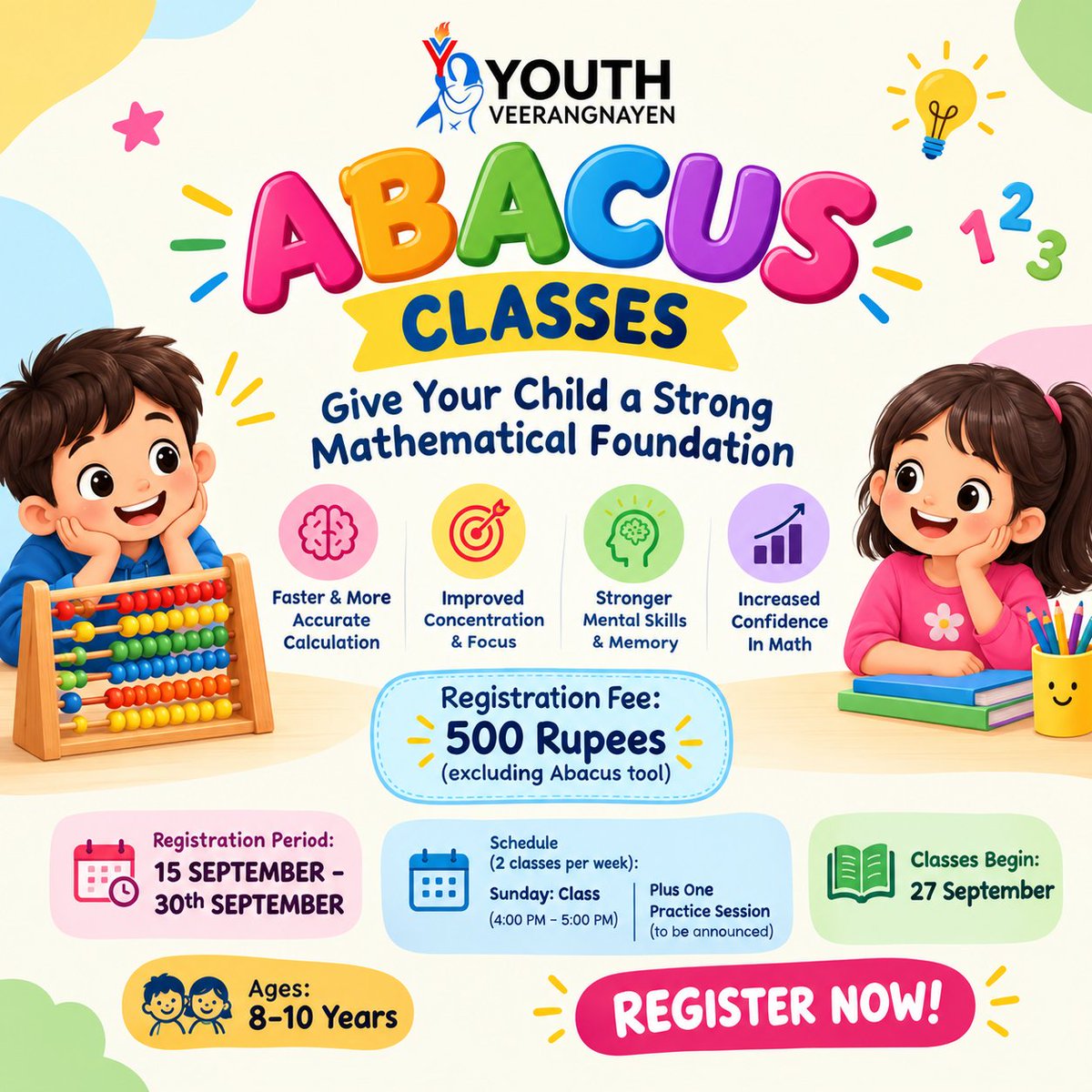 Yveerangnayen's tweet photo. Is your child ready to build strong math skills in a fun and engaging way?
Our Abacus Classes are designed to make learning numbers easier, faster, and more enjoyable!
Give Your Child the Confidence to Love Math!
#AbacusClasses #ChildDevelopment #YouthVeerangnayen https://t.co/AoSc8B83c9