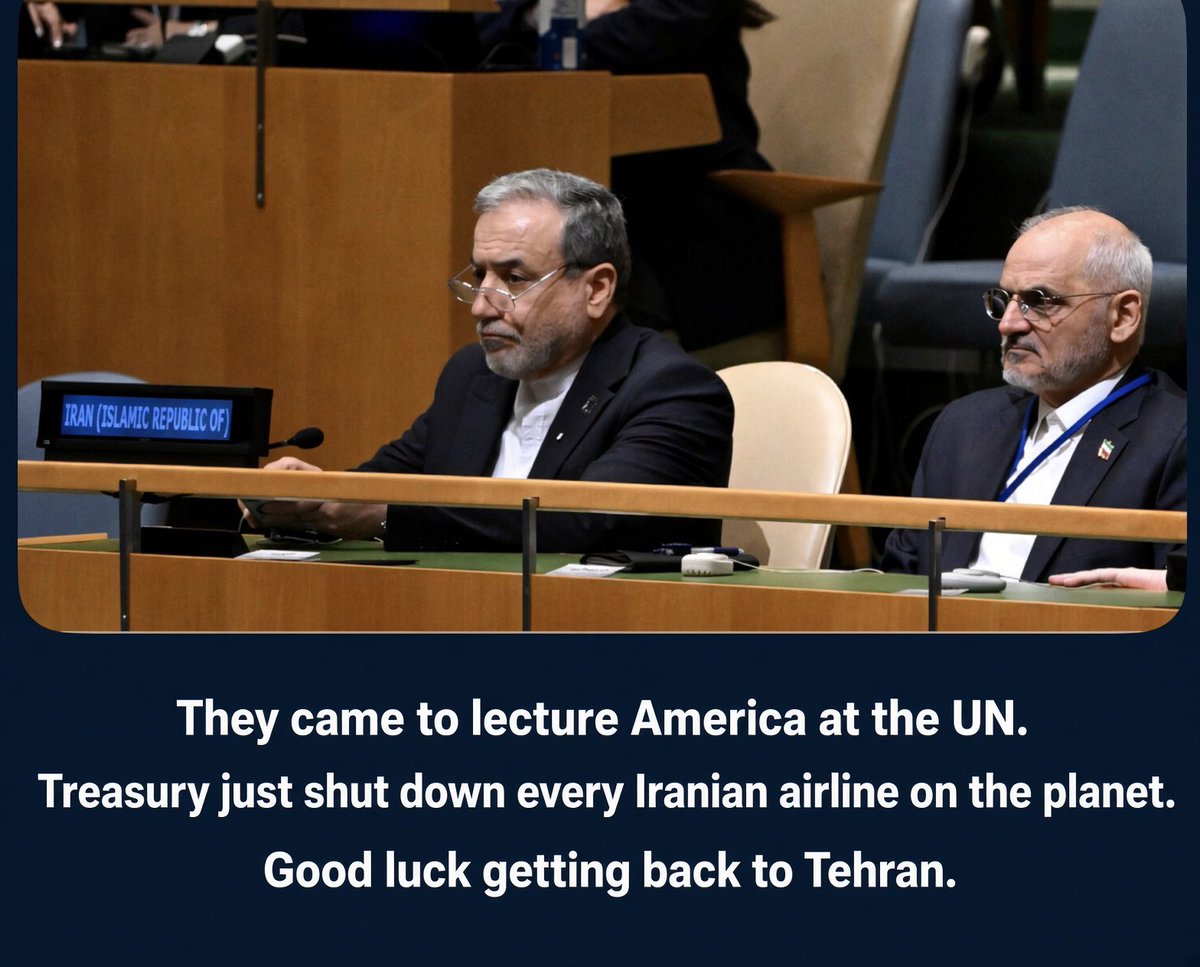 GigaBeers's tweet photo. Bessent grounded every Iranian airline worldwide today.

Their diplomats are sitting at the UN.

No fuel. No landing. No tickets home.

This could get interesting. https://t.co/6DBSJnHgSM