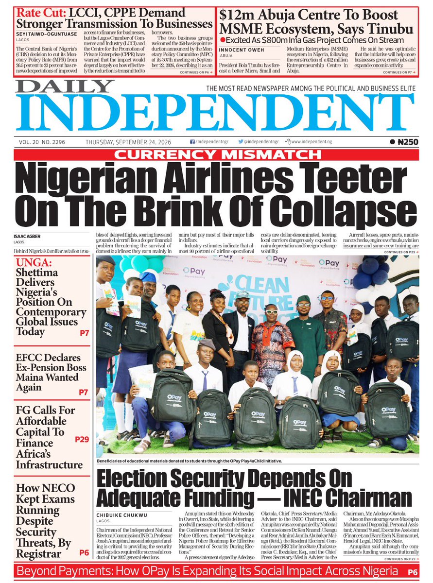 IndependentNGR's tweet photo. Just published: front page of Daily Independent Newspaper for today, 24 September 2026 https://t.co/NkvtPumBHs