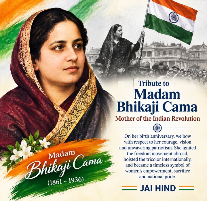 omprakash678's tweet photo. My humble tributes to #MadamBhikaijiCama on her birthday. Her historic unfurling of the Indian flag at #Stuttgart #Germany in 1907 became a powerful expression of India’s resolve for self-rule. Her courage carried #India call for freedom beyond its shores
#BhikaijiCama #Bhikaji https://t.co/yg9CNhZUGT