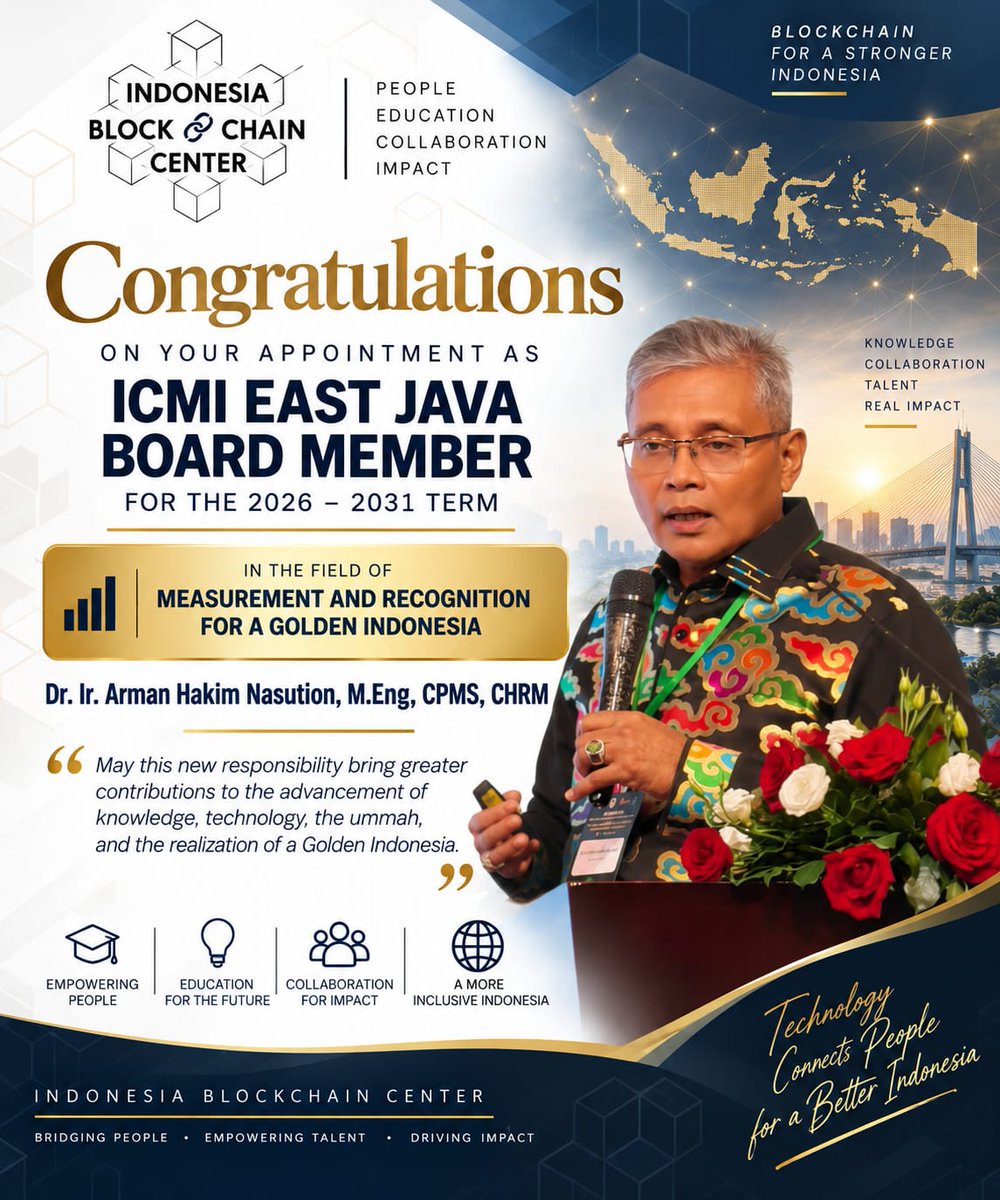 IDNblockchain's tweet photo. Congratulations on Your Appointment! 🎉

Indonesia Blockchain Center (IBC) mengucapkan selamat kepada Dr. Ir. Arman Hakim Nasution, M.Eng, CPMS, CHRM atas pengangkatannya sebagai:

ICMI East Java Board Member
Periode 2026–2031

Indonesia Blockchain Center https://t.co/Bh5jZUmlNl