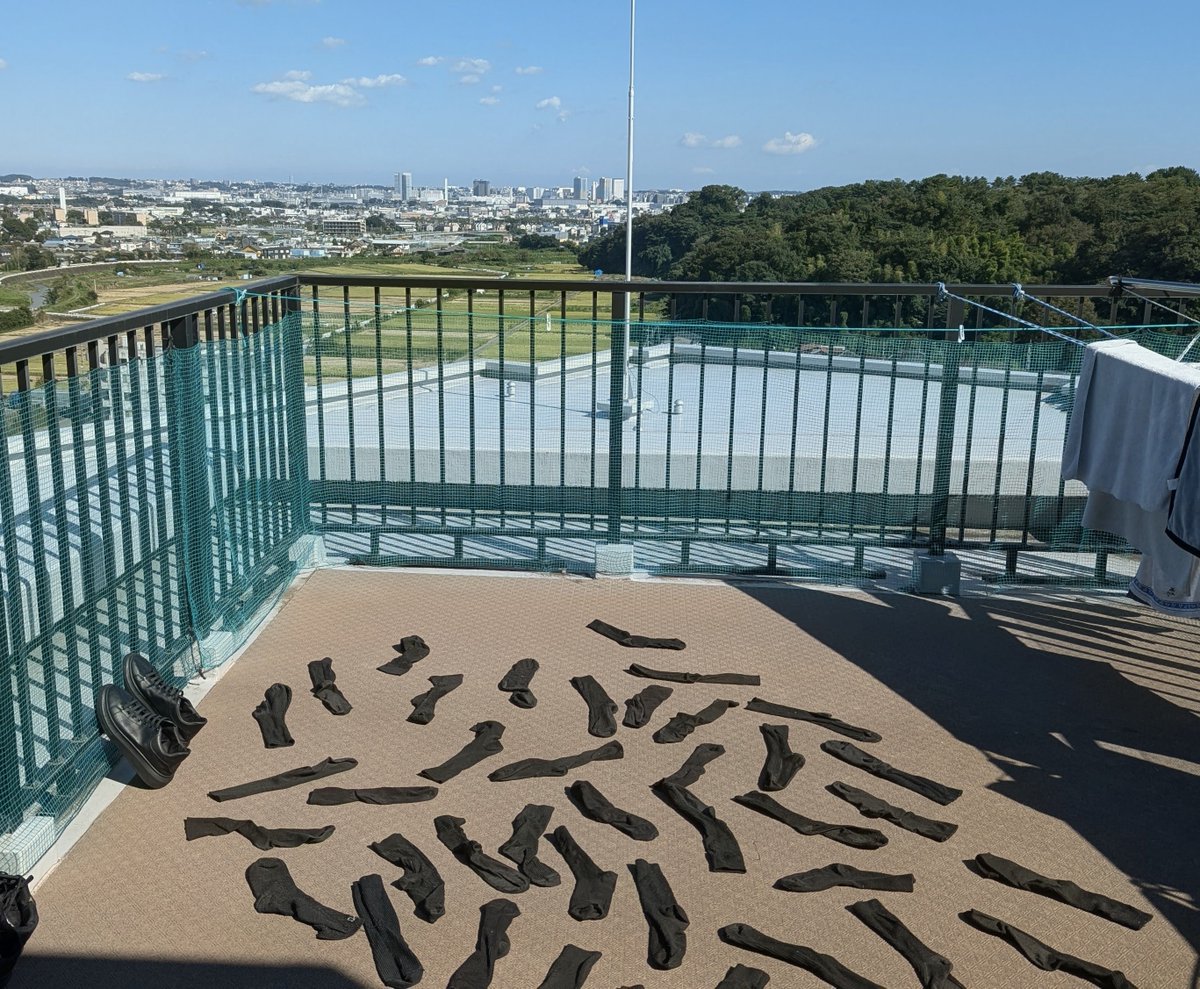 buhemetal's tweet photo. 3週間分の洗濯物倒したものの、靴下干すのめんどくてバルコニーにぶん投げてみたら秒で乾いた😆 https://t.co/PS10J4Fzb1