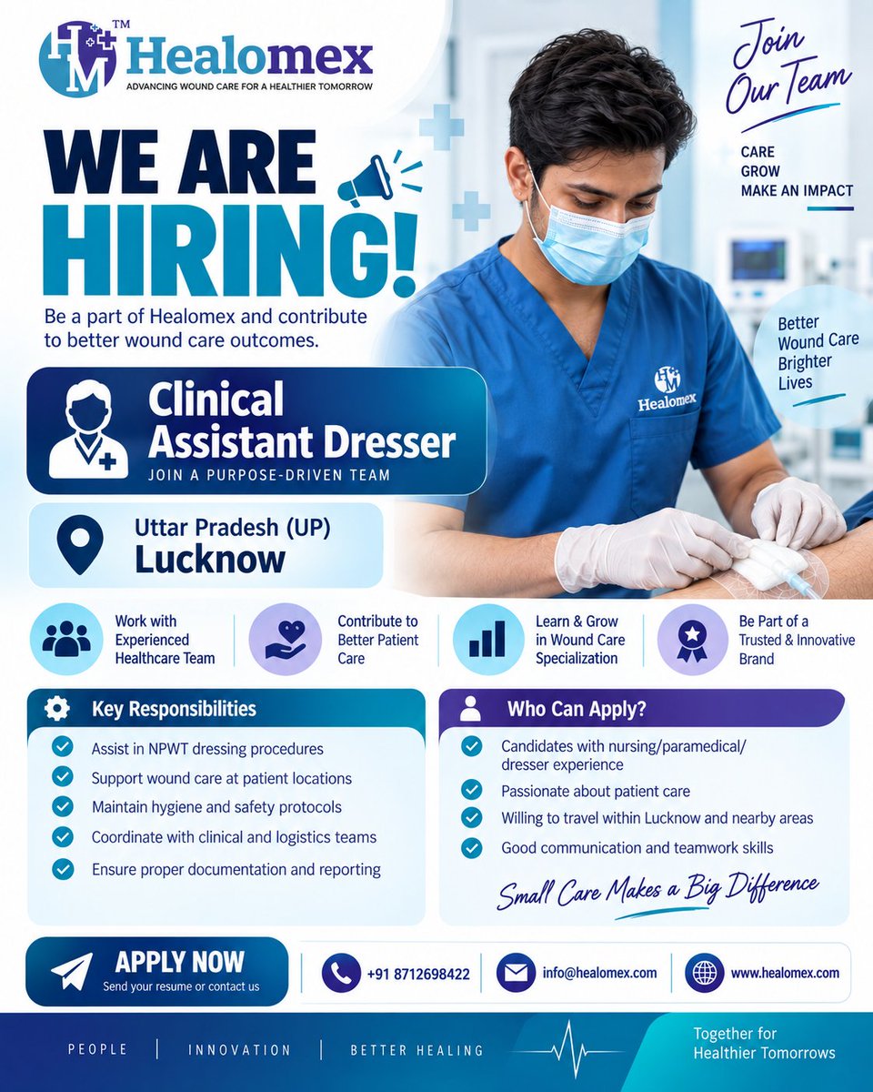 healomex's tweet photo. 🚨 We Are Hiring | Clinical Assistant Dresser – Lucknow

#WeAreHiring #Healomex #ClinicalAssistant #ClinicalAssistantDresser #HealthcareJobs #NursingJobs #ParamedicalJobs #DresserJobs #LucknowJobs #UttarPradeshJobs #HealthcareCareers #WoundCare #NPWT #PatientCare #MedicalJobs https://t.co/3nKrKNw78b