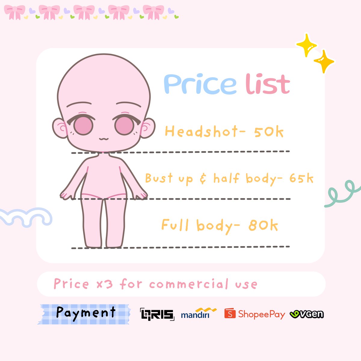 4RTZUL's tweet photo. ₊˚⊹ᰔ

hi there!♡ I’m opening chibi commission available for local and international!(˶ᵔ ᵕ ᵔ˶)✨

🇮🇩local:  headshot • bust-up • full body
🌎inter: headshot • full body

for local comms, feel free to DM me!
for international comms, you can check my vgen below! https://t.co/xyaMLeNVbL