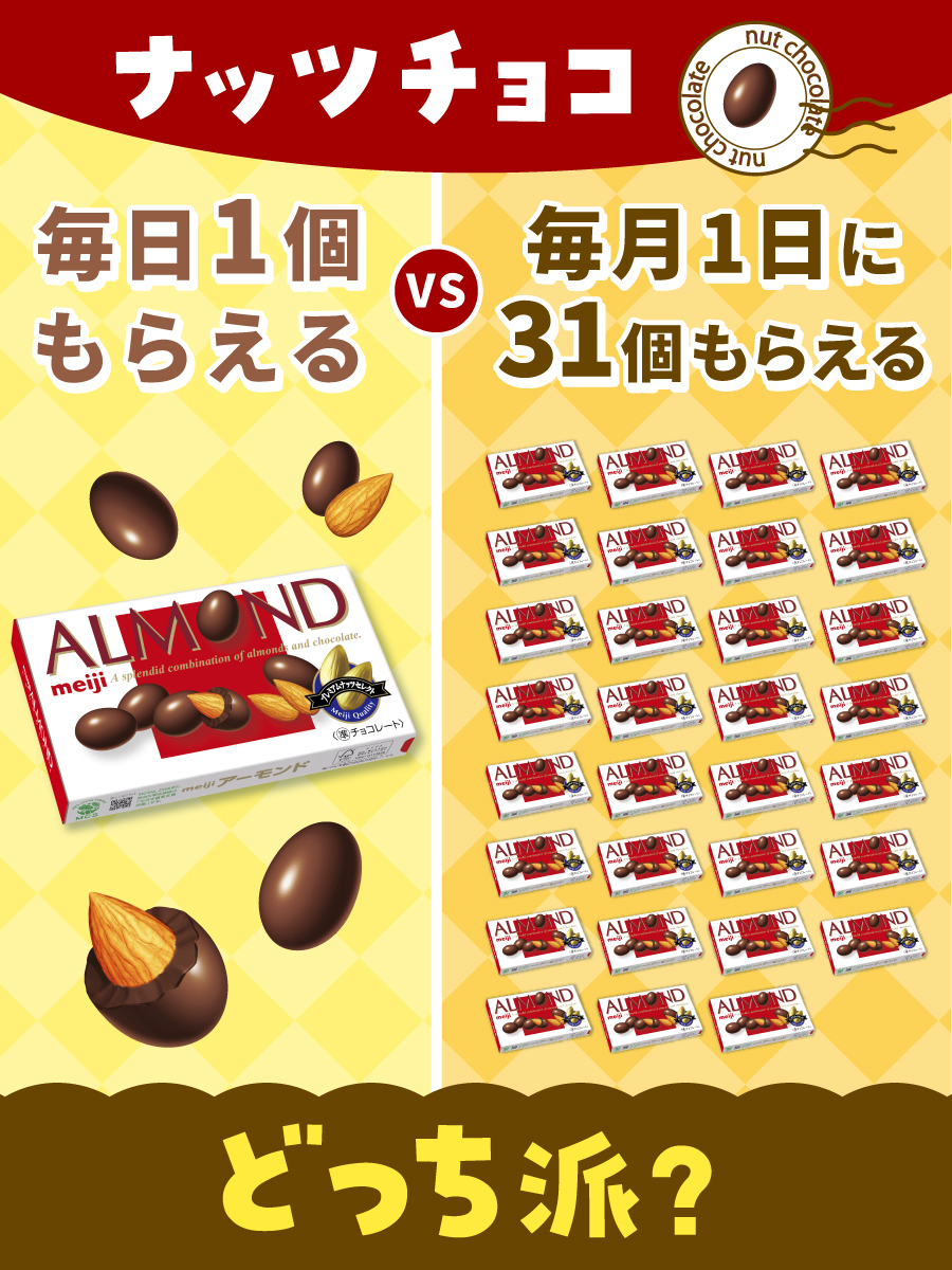 meiji_nutschoco's tweet photo. 究極の2択👀

ナッツチョコがもらえるなら、どっち派？🍫

毎日1個もらえる → リポスト🔁
毎月1日に31個まとめてもらえる → いいね❤️

あなたならどっち？

#チョコレートは明治 https://t.co/qq4IbPoL27