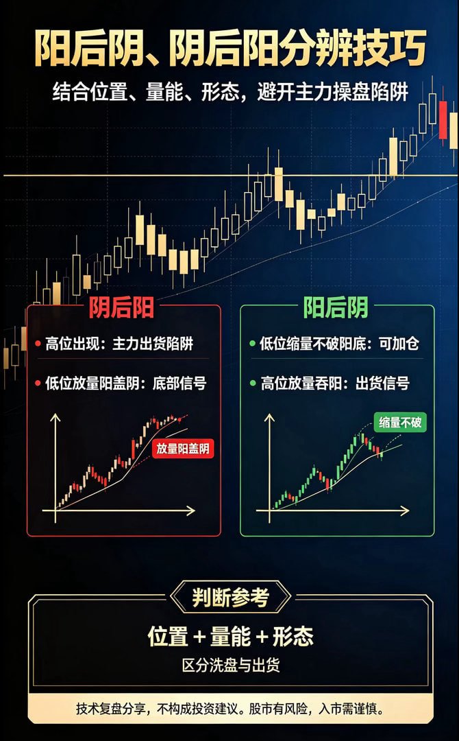 Marran87086033's tweet photo. 阳后阴”“阴后阳”分辨技巧，帮助散户避开主力操盘陷阱。

● 阴后阳判定：高位出现为主力出货陷阱，低位放量阳盖阴是底部信号。

● 阳后阴判定：低位缩量不破阳底可加仓，高位放量吞阳为出货信号。

● 判断参考：结合位置、量能、形态区分洗盘与出货，提示股市有风险。 https://t.co/PQzu7FVnmg