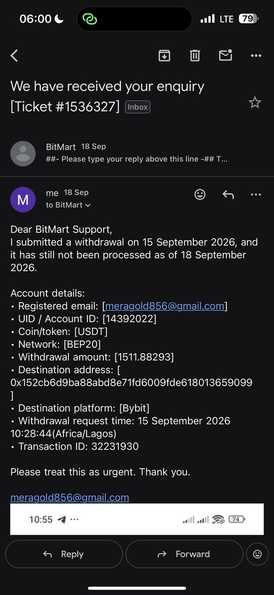 merah_gold's tweet photo. @sheldonbitmart @BitMartExchange please treat this as an URGENT withdrawal case.

My $1,511 USDT withdrawal has been stuck on BitMart since September 15, 2026 at 10:28:44.

The transaction was created, but it has not been processed or completed, and the funds have not returned to my account.

I have contacted support repeatedly, yet I’m only receiving automated responses without an actual resolution.

I was also unaware of the wind-down announcement at the time because I was away from social media following a robbery, and I did not receive the notification email I understand was sent to users.

I’m posting the screenshots and my support correspondence publicly because this needs proper attention.

@BitMartExchange, please escalate my case, process the withdrawal, and release my $1,511 USDT without further delay.
🙏
