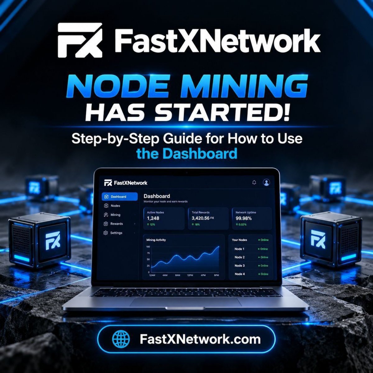 Cryptowissdefi's tweet photo. @FastXNetwork Node Mining is  LIVE!
If you're running a node, your dashboard is now your command center for tracking mining activity and monitoring performance.

The flow is straightforward:
Connect Wallet → Access Dashboard → Check Node Status → Monitor Hashrate →  Earnings https://t.co/oAV1BmTNag