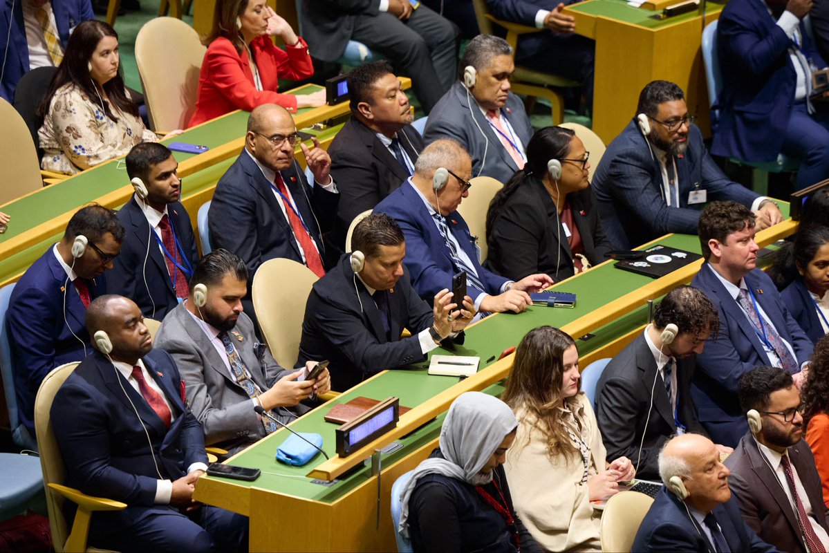 SMirziyoyeva's tweet photo. From the podium of the #UNGA, I spoke about Uzbekistan’s position on a world where conflicts are increasing and trust is diminishing.

Our choice is clear: openness, good neighborliness, and dialogue. We stand for peace, cooperation, and respect for human dignity.

I talked about changes in #CentralAsia, reforms in #Uzbekistan, ecology and the #AralSea tragedy, AI, the rule of law, and #humanrights.

Today, no single country can tackle global challenges alone. Uzbekistan is ready to contribute to a world based on trust and mutual respect.