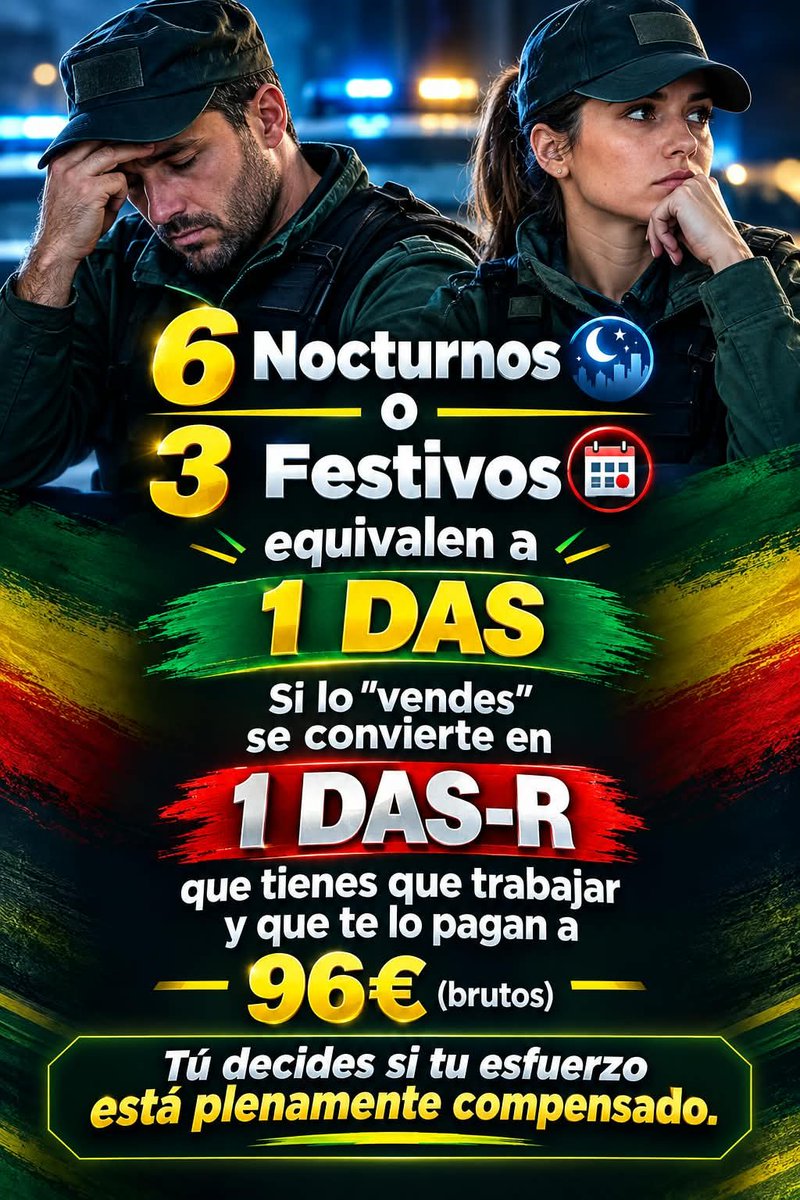 _IGC_'s tweet photo. Si eres @guardiacivil, recuerda que para generar un DAS, (Descanso Adicional Singularizado), tienes que haber trabajado o 6️⃣ servicios nocturnos o 3️⃣ servicios festivos.

Si te ofrecen "vender" un DAS-Retribuido te abonarían 9️⃣6️⃣€ (brutos-IRPF aparte) por ese día de trabajo, aunque recuerda que para ello previamente has tenido que trabajar todos esos servicios. 

Ves compensado tu esfuerzo❓ 

@desdelamoncloa @interiorgob @empleogob @Yolanda_Diaz_