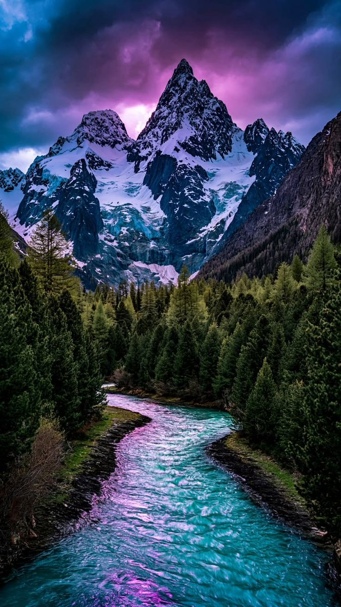 DesertAndPeaks's tweet photo. Purple skies, icy giants. 🏔️💜
River of dreams flowing through the wild.
Where forest meets the frozen crown.
Nature painted in magic colors.
Heaven reflected in turquoise waters. https://t.co/BNPJTLtlBi