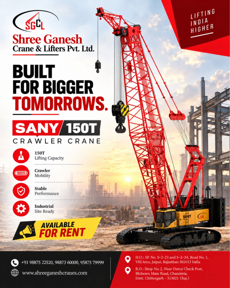 ShreeCrane's tweet photo. Built for Bigger Tomorrows! 🏗️
 SANY 150T Crawler Crane available for rent with powerful lifting, stability &amp; reliable performance.

📞 +91 98875 22520, 98873 60000, 95875 79999
🌐 https://t.co/wYu86YBp5j

#ShreeGaneshCrane #CrawlerCrane #SANY150T #CraneRental #HeavyLifting https://t.co/HTGG11EG5m