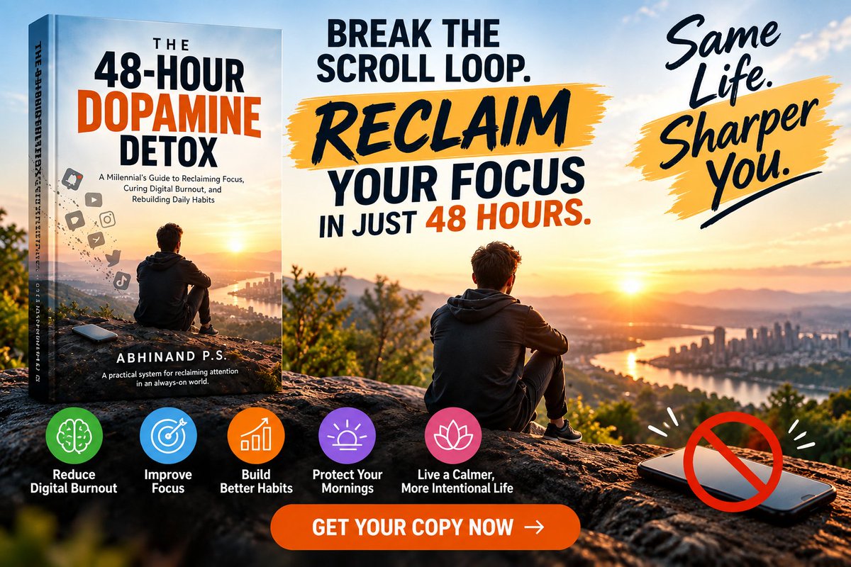 abhinandps's tweet photo. 📵 Break the scroll loop. Reclaim your focus in 48 hours.

📖 The 48-Hour Dopamine Detox — Get your copy on Amazon:
https://t.co/zGYF9FgCAr
#DopamineDetox #DigitalDetox #Focus #Productivity https://t.co/E0qyoV4w5u