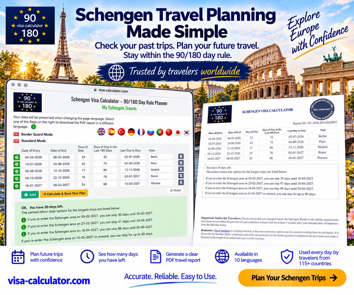 SchengenEES's tweet photo. You already know the calculator.
Now discover the planner.

Check your past travel, plan your next Schengen trips, and keep everything clearly laid out under the 90/180-day rule.

https://t.co/N0RQdDJIno

#Schengen #TravelPlanning #VisaCalculator #90180DayRule #SchengenTravel #SchengenCalculator