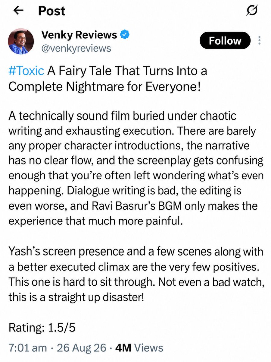 SriKrishna1436's tweet photo. Based on the ratings Venki has given these films, #TheParadise is considered better than #ToxicTheMovie . Which one do you the viewers think is better?
𝟏.𝟓/𝟓 ⭐                     𝟏.𝟕𝟓/𝟓 ⭐ https://t.co/LsnJOfAshK