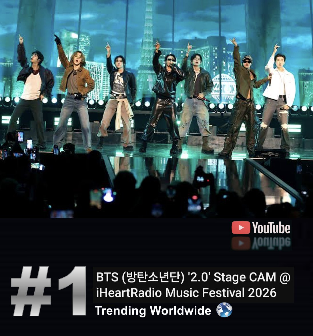 WORLDMUSICAWARD's tweet photo. BTS are trending at No. 1 Worldwide on YouTube with their '2.0' Stage CAM @ iHeartRadio Music Festival 2026! 💪🕺🕺🏻🕺🏻🕺🏻🕺🏻🕺🏻🕺🏻2⃣📽️💥1⃣🌎❤️📻🏟️🎰🔥👑💜 

Watch: https://t.co/fOqJrYL8Ko 

#BTSxIHeartRadio
#BTS @BTS_twt https://t.co/EcH9vWkPq8