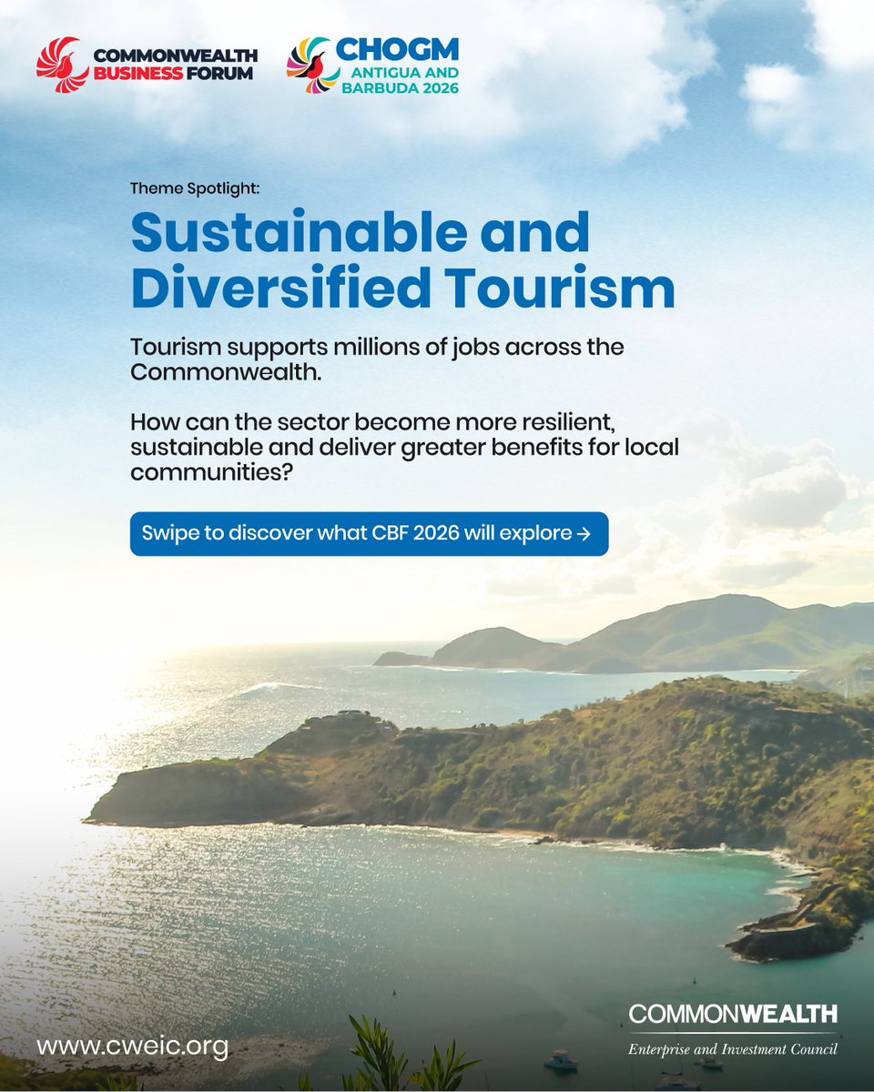 CWEICofficial's tweet photo. Tourism is vital to many Commonwealth economies.

At CBF 2026, Sustainable and Diversified Tourism will explore greener
infrastructure, smart technology, and community-led growth.
🗓️2-4 November 2026

📍Sticky Wicket Cricket Ground, Antigua and Barbuda

#CBF2026 #CHOGM2026 #CWEIC #CommonwealthAdvantage