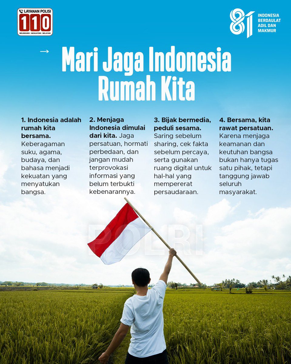 bidhumas_jatim's tweet photo. Keberagaman adalah kekuatan yang menyatukan kita sebagai bangsa. Berbeda suku, agama, budaya, dan pandangan bukan alasan untuk terpecah, melainkan menjadi bagian dari Indonesia yang harus kita hormati dan rawat bersama.#BijakSampaikanAspirasi Humanis Mengawal Pendapat Masyarakat https://t.co/YjvgA89Lbf