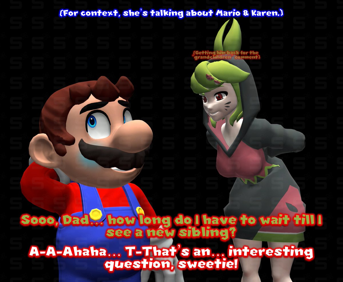 Somexne24's tweet photo. Here's Melon Girl's payback to her father.
(Also, for SMG4 characters, I imagine they blush a specific color depending on the person they're thinking about)
#SMG4 #smg4fanart #adoptedmelonAU #saikolony #pastapaws https://t.co/WUiPtixk28