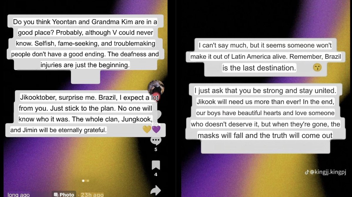jjkofvante's tweet photo. jokers making multiple tiktok posts saying -
They have made full plan of ending Taehyung's life, because they believe he is snatching JK away from their fav, 
So jmid will be eternally grateful to get rid of Taehyung &amp; live happily with jk.

&amp; Armins are crying over pachijimin. https://t.co/SSZgfSOKUq