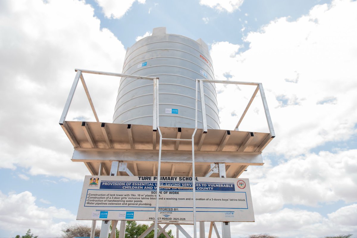 UNICEFKenya's tweet photo. Thanks to funds from @IrlEmbKenya, @UNICEFKenya in partnership with @PeaceWindsJA, has constructed facilities in Ture Primary in Garissa, connecting the school to piped water, providing safe sanitation &amp; clean water for learners.

#ForEveryChild, clean water and safe sanitation. https://t.co/etqsR2u7Rt