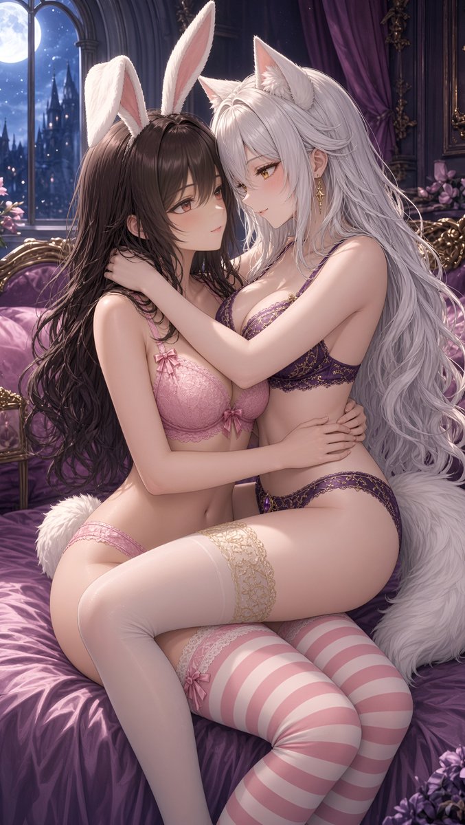 CelestialInkStu's tweet photo. 🌙 Petals After Midnight 🌸
Beneath silver moonlight, Rosa and Ayame share soft kisses and quiet embraces as the world outside fades away. A romantic series of delicate lace, violet dreams, and affection that needs no words. 💜
#Rosalind #Ayame #OrigionalCharacter #AiAnimeArt #CelestialInkStudio