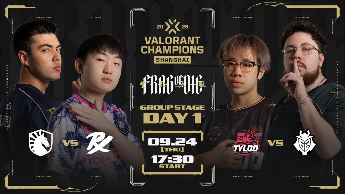 valesports_jp's tweet photo. #VALORANTChampions Shanghai Group Stage Day 1

9/24(木) - 17:30 START👊

⚔️Match 1
@LiquidValorant vs @pprxteam

⚔️Match 2
@Tyloo_val vs @G2VALORANT
 
🎙️キャ���ター
TORANECO / @toraneco617
Retloff / @Flarejpn https://t.co/M9gTLOydbo