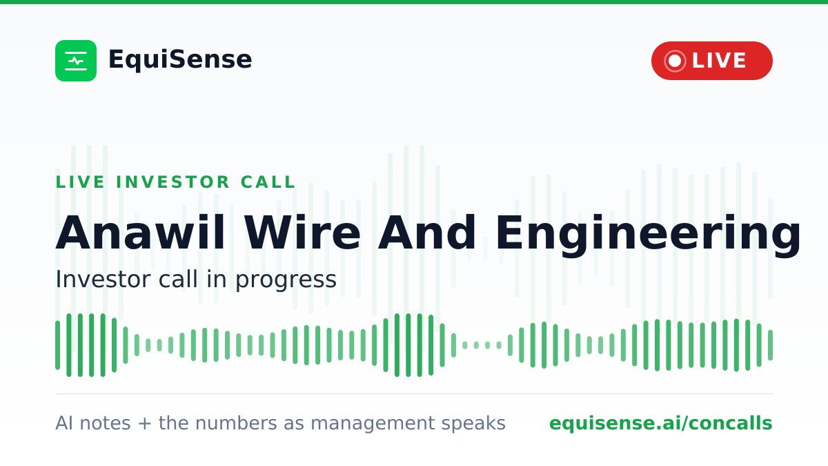 ai_EquiSense's tweet photo. 🎧 Anawil Wire And Engineering investor call is streaming live on EquiSense. Not tomorrow's transcript. Not a summary after it ends. The call itself, live, with AI notes as management speaks
👉 https://t.co/B57oMk6ehy
#ANAWIL #InvestorCall https://t.co/Nll1H36kLH