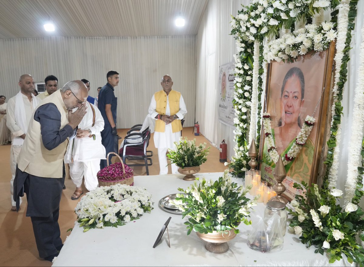 VPIndia's tweet photo. Vice President Shri C. P. Radhakrishnan visited the residence of Former Governor of Rajasthan and Himachal Pradesh and Former Union Minister, Shri Kalraj Mishra ji, in Noida today to pay his heartfelt respects to his late wife Smt. Satyawati Mishra ji, and convey his condolences to the bereaved family.