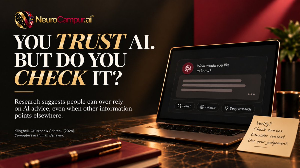 NeuroCampur's tweet photo. AI answers quickly and often confidently but confidence is not the same as being right.

Research suggests we can over rely on AI advice, even when other information tells us otherwise.

When was the last time you checked your AI? https://t.co/x8yQyEVeZ7