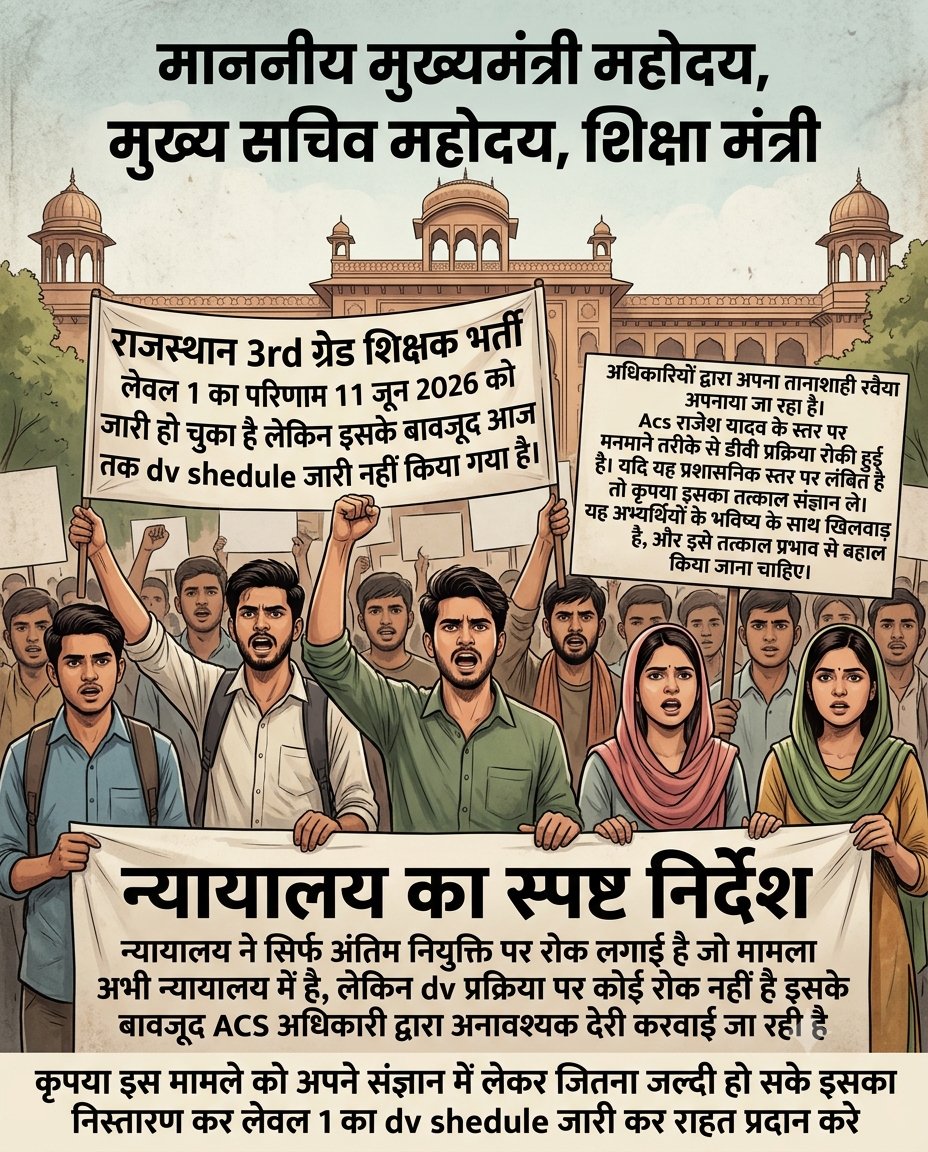 choudharyyy_32's tweet photo. ACS राजेश यादव जी द्वारा कोर्ट मामले का हवाला देकर Level-1 की DV प्रक्रिया में देरी की जा रही है। कृपया तत्काल संज्ञान लेकर शीघ्र DV Schedule जारी करवाने की कृपा करें।
#TeacherL1_DV #Acs_Rajesh_Yadav_resign_do
@svoruganti1466 @BhajanlalBjp @madandilawar @rajeduofficial @RajCMO
. https://t.co/SItFmIjB1T