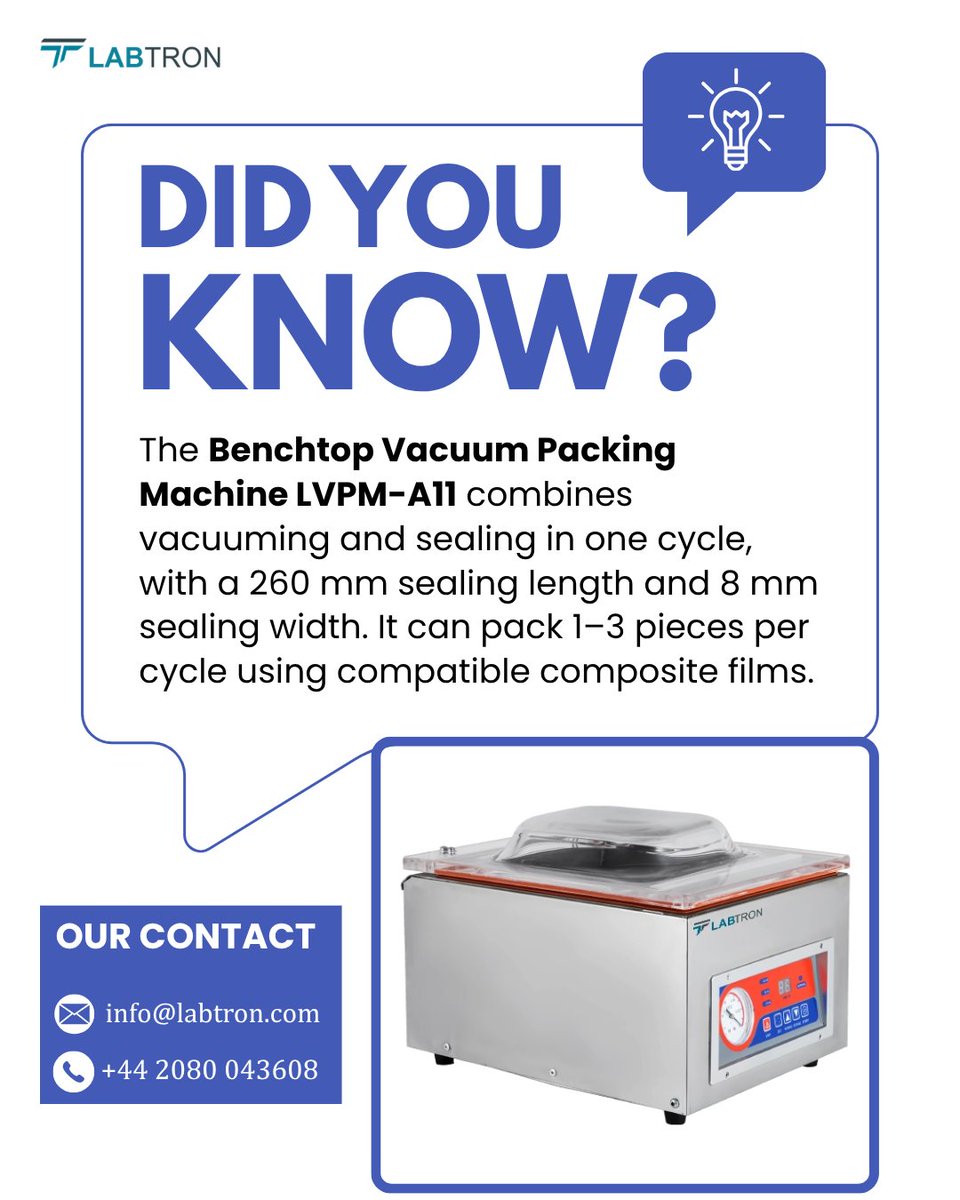 labtronequipltd's tweet photo. Benchtop Vacuum Packing Machine LVPM-A11
Single-chamber vacuum packer, 120 W sealing, 260 mm seal length, adjustable vacuum & seal time in a stainless steel chamber.
info@labtron.com
https://t.co/8XO11ET9pV
#Labtron #VacuumPackingMachine #VacuumSealer #LabEquipment https://t.co/nV3E35Qvpi