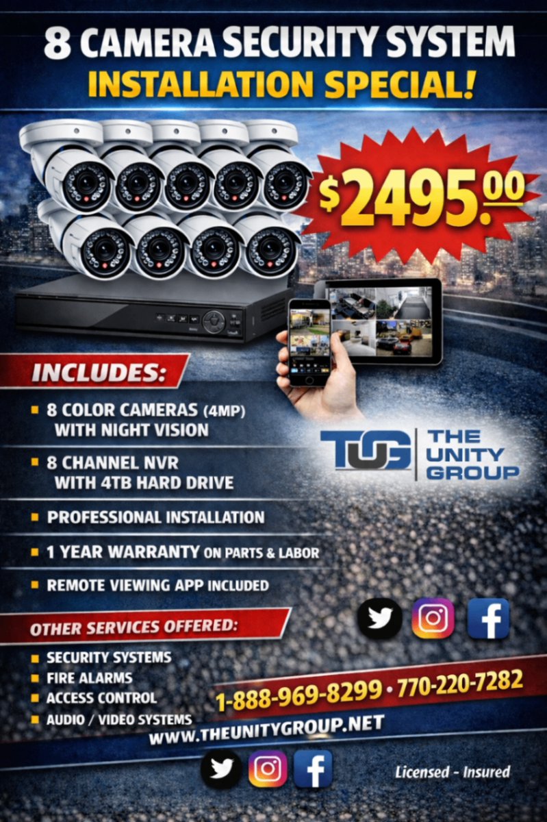 UnityGroupAtl's tweet photo. 8-CAMERA DEAL: $2,495. 4MP + NV, 4TB NVR, pro install, 1-yr warranty + remote app. 1-888-969-8299 | https://t.co/k89d7om9Ay #SecurityCameras #VideoSurveillance #SecuritySystems #ProfessionalInstallation #TheUnityGroup https://t.co/NbyY5mscIN