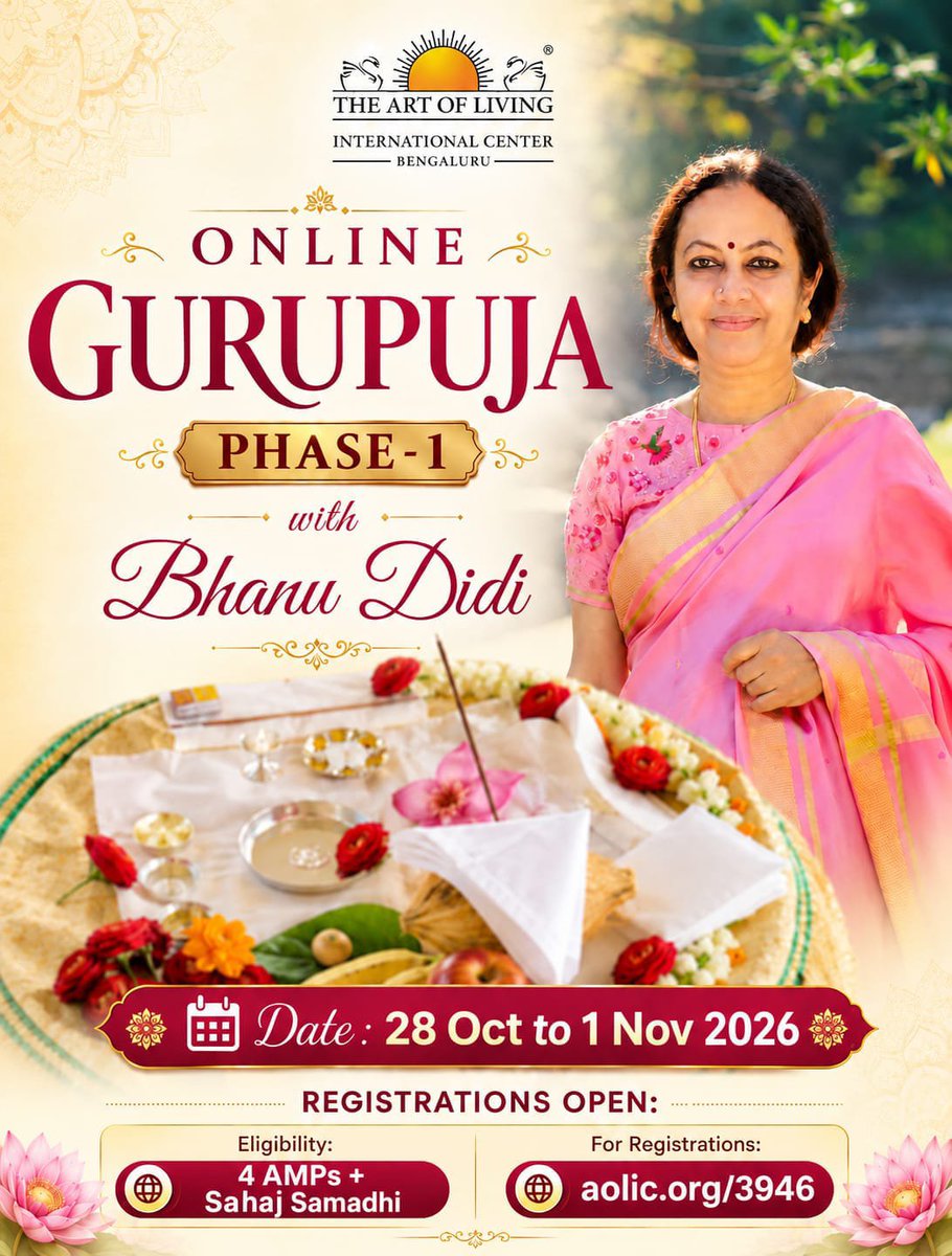 ArtofLivingIC's tweet photo. Learn to chant and experience what it truly means to offer gratitude to the lineage of masters. Online Guru Puja – Phase I with Bhanu Didi | 28 Oct - 1 Nov 2026.

👉 Register: https://t.co/7KxzDrCqiw
📞 For any queries: +91 70196 76914 https://t.co/cue9nlWUR9